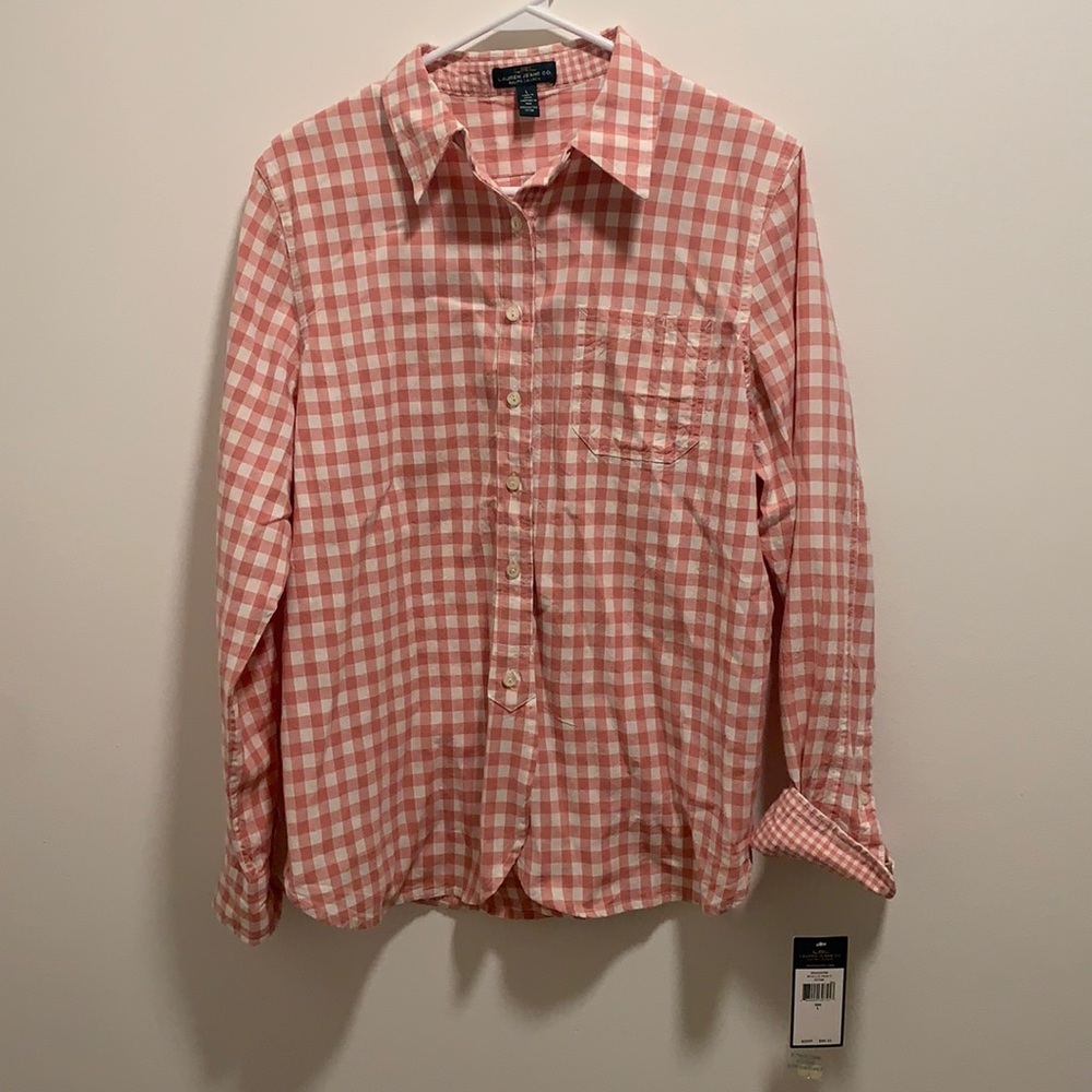 NWT - Ralph Lauren long sleeve button down pink & white checkered pattern.